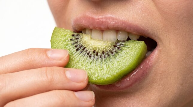 Healthy eating brings joy. Fingers position a vibrant green kiwi slice with black seeds near open lips for a tangy, sweet citrus snack.