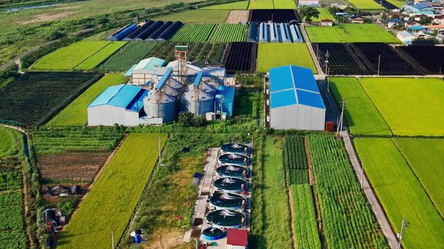 Aerial backward flight away from rice processing complex with grain silos and row of aeration tanks, revealing surrounding paddies, vegetable rows and shaded ginseng plots in Geumsan, South Korea