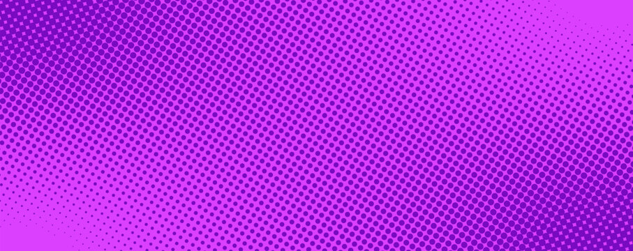 Abstract halftone texture with dotted pattern. Pink and purple gradient overlay with noise transition effect. Horizontal wallpaper with vibrant point rows print and gradation. Vector illustration.