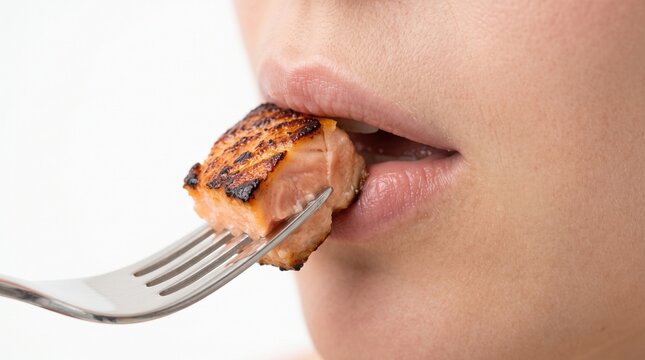 Healthy eating brings joy. A silver fork feeds a tender flake of seared pink salmon into an open mouth for a rich protein lunch.