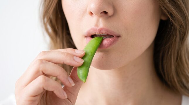 Healthy eating brings joy. Front teeth bite down on a crisp, tender green snap pea pod, enjoying a raw, crunchy garden harvest.
