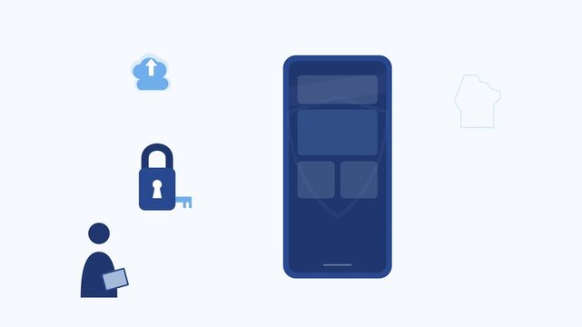 Animated Mobile Cybersecurity and Data Protection Concept showing Smartphone with Shield Icon Padlock Cloud and Wisconsin State Map