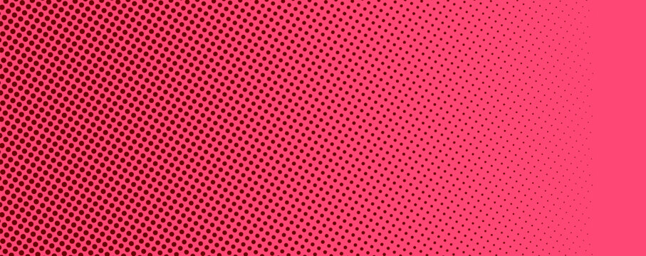 Abstract halftone texture with dotted pattern. Pink gradient overlay with noise transition effect. Horizontal wallpaper with point print, grainy blend colours dissolve gradation. Vector illustration.
