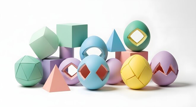 Collection of colorful geometric 3D shapes and mathematical objects arranged creatively on a white background