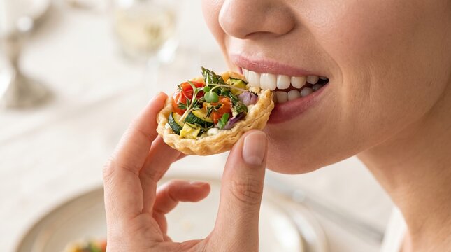 Healthy eating brings joy. Fingers bring a crisp, golden vegetable tartlet topped with savory filling toward a mouth for an appetizer bite.
