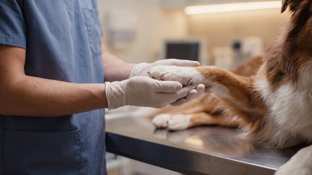 A veterinarian holds a dog's paw during a veterinary examination at a clinic. Animal and pet health concept.
