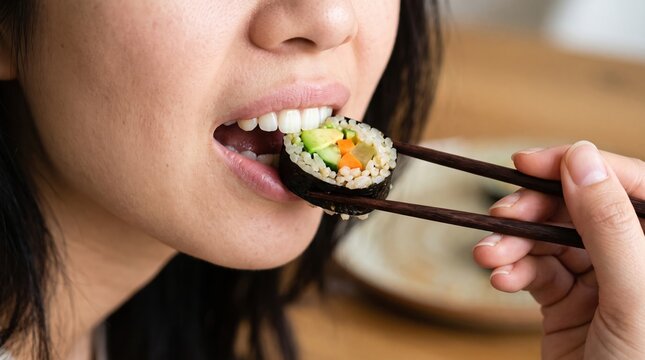 Healthy eating brings joy. A vegetable sushi maki roll held with dark chopsticks is placed into an open mouth for a savory vegan bite.