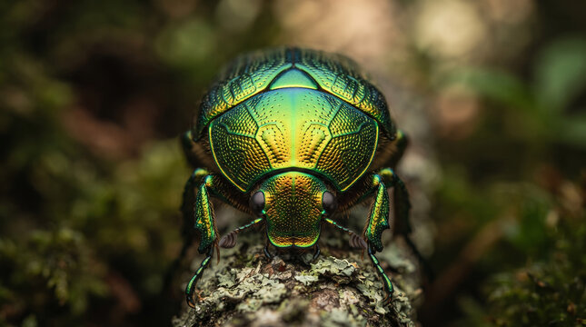 Closeup of iridescent green beetle with textured shell on textured bark