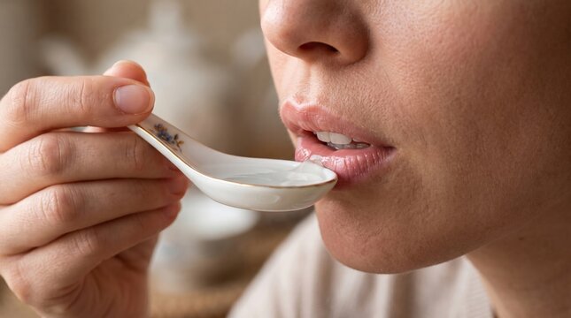 Healthy eating brings joy. A white ceramic Asian soup spoon delivers steaming, clear herbal broth to open lips for soothing warmth and comfort.
