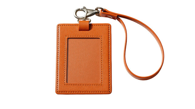 Orange leather ID badge holder with a matching strap and metal swivel hook
