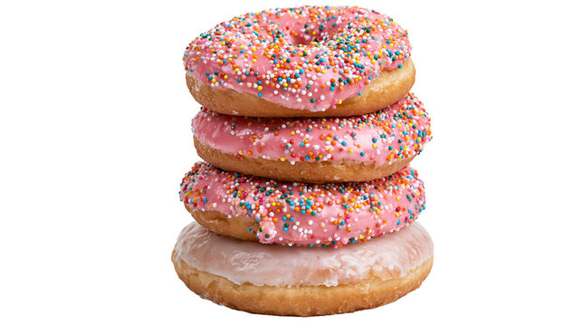 Stacked glazed donuts with pink icing and colorful sugar sprinkles