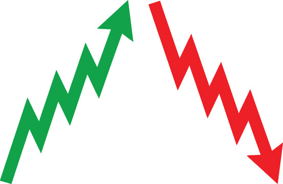 Green up arrow and red down arrow indicating market growth and decline isolated on white background