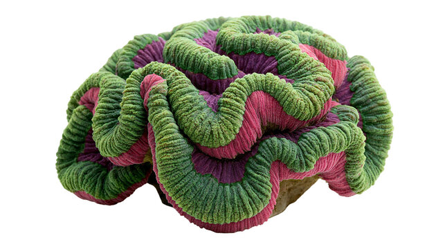 Vibrant green and purple brain coral colony with intricate folded texture
