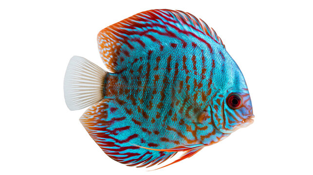 Vibrant blue and orange patterned Symphysodon discus fish swimming
