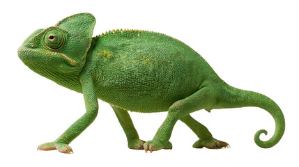 Bright green veiled chameleon lizard with textured skin and curled tail © Sylas