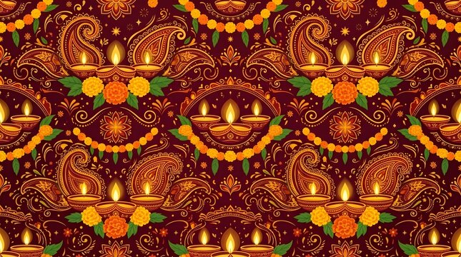 Traditional diwali pattern with triple diya lamps marigold garlands and paisley on dark maroon background.