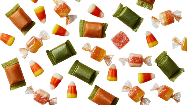 Assorted colorful wrapped candies and triangular candy corn pieces