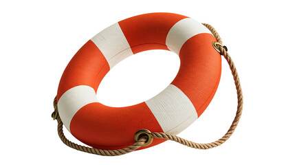Orange and white striped lifebuoy ring with attached brown rope © Sylas