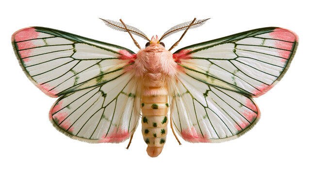Pink and white moth with translucent wings and spotted abdomen