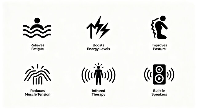 The black vector human body therapy efficacy icon represents the concept of relieving fatigue and improving body posture, suitable for promoting massage equipment overseas product details.
