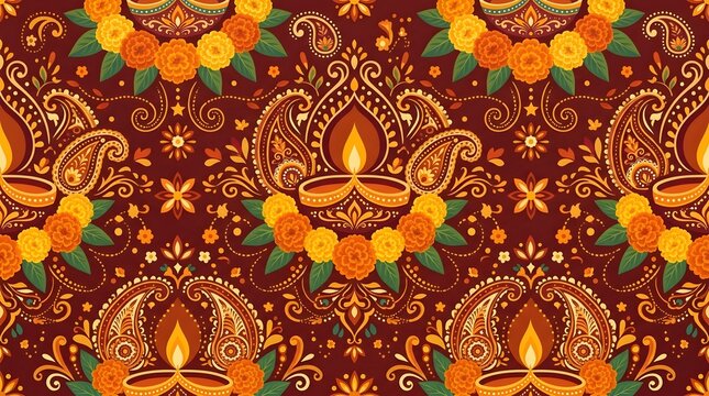 Symmetrical diwali seamless pattern with ornate diya lamps marigold flowers and paisley on maroon background.