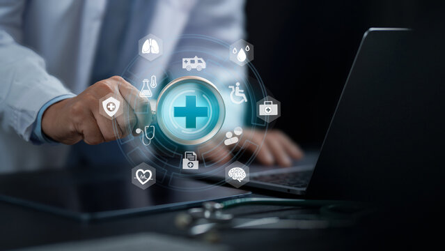Doctor holding magnifying glass with digital tablet. virtual electronic medical record of patient on interface.Digital healthcare. DNA medical technology. medical insurance. hospital background.