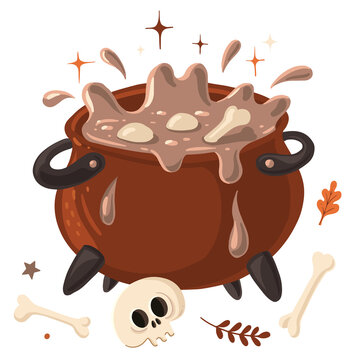 Bubbling cauldron filled with spooky potion and bones, surrounded by a skull, splashes and decorative elements. Colorful cartoon style, ideal for Halloween, magic and party designs.