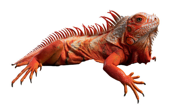 Vibrant red iguana lizard with textured scales and sharp claws