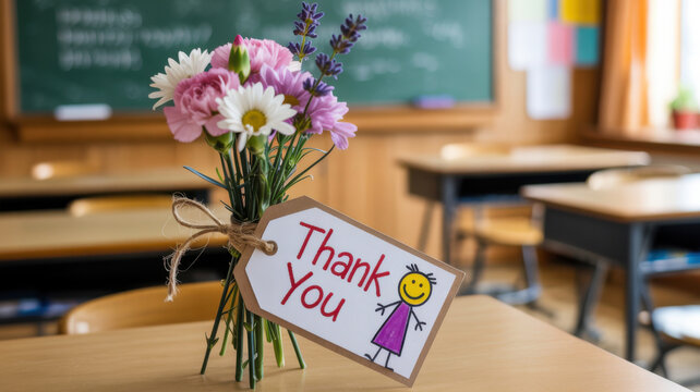 Beautiful spring flower bouquet with a thank-you note in a school classroom