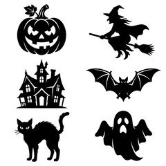 Fototapeta premium Halloween vector set with spooky silhouettes of witch, Editable EPS