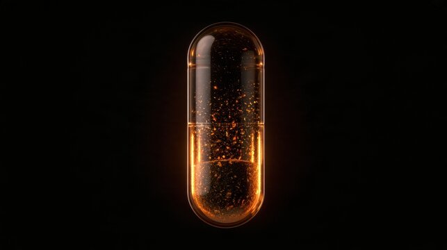 A close-up view of a translucent capsule filled with quercetin and fisetin powder. The amber contents glow in the dark.