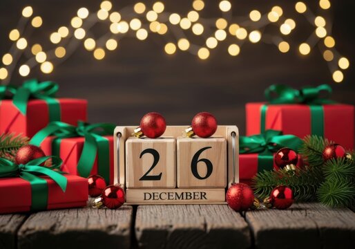 Wooden calendar showing december 26th with christmas gifts