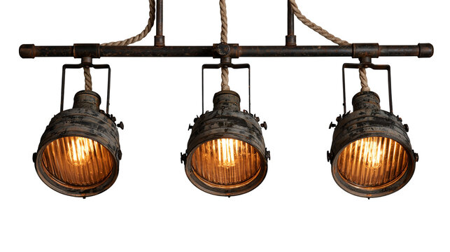 Rustic industrial triple pendant light fixture with metal pipes and rope accents