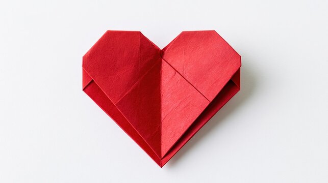 Red origami heart made from folded paper centered on white background