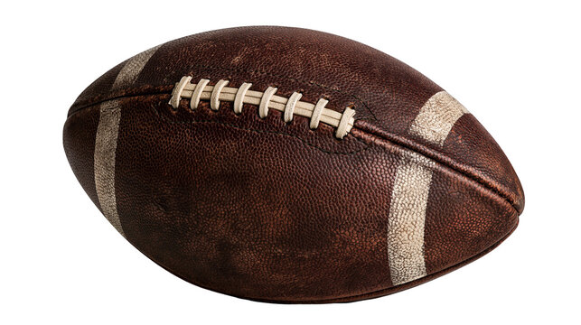 Weathered brown leather American football with white laces and stripes