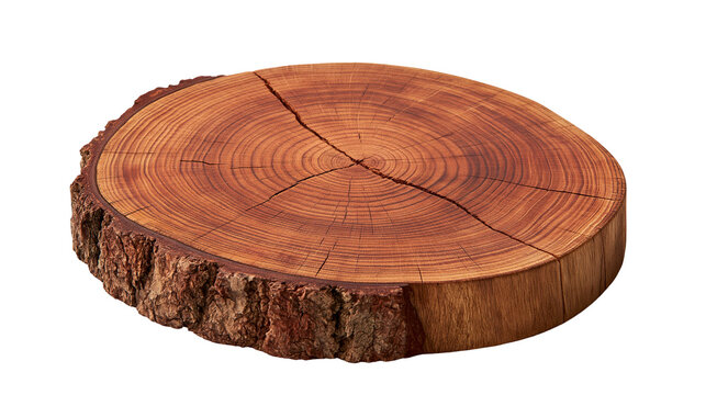 Round natural wooden log slice with rough bark and visible tree rings