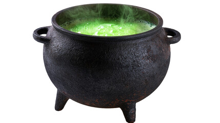 Black cast iron cauldron filled with bubbling neon green potion and steam © Sylas