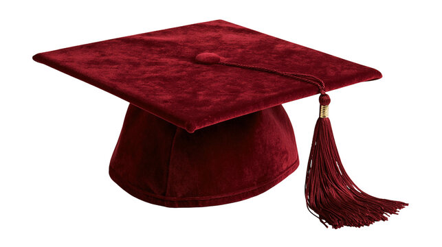 Burgundy velvet graduation cap with matching tassel and gold accent
