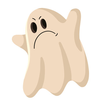 Angry ghost character with raised arms, dark eyes and a frowning face. Flat cartoon illustration suitable for Halloween, spooky decorations, stickers and children&rsquo;s designs.