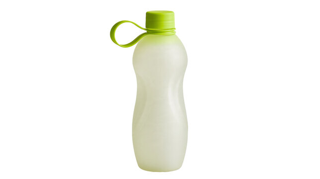 Translucent matte plastic water bottle with lime green screw cap and carry loop