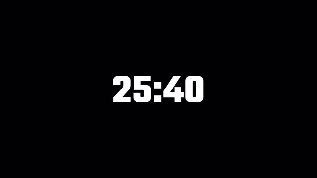 Twenty eight minute countdown timer animation on transparent background in sixty seconds