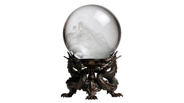 Clear crystal sphere orb resting on an ornate bronze dragon sculpture stand