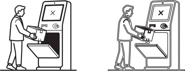 Fototapeta premium A person placing a cardboard box into a self-service parcel locker kiosk, line delivery shipping des