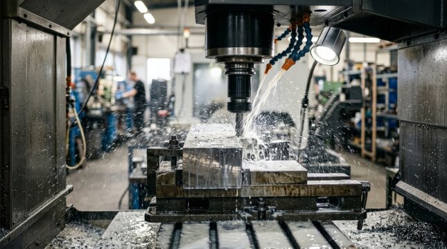 A close up view of a milling machine operating while using cnc machine coolant to wash away metal chips during the precision manufacturing process in an industrial workshop