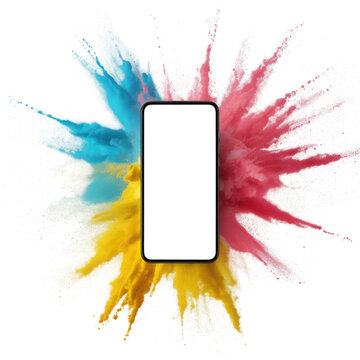 Modern smartphone with vibrant paint explosion for creative design