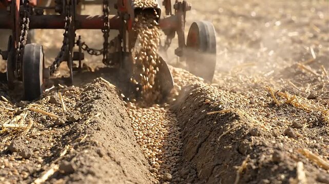 Tractor Planting Seeds in a Field, Creating Rows of Soil and Scattering Grains. Agricultural Machinery in Motion, Farming Process.