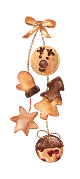 Christmas cookies watercolor illustration - cute festive ornament with hanging shortbread cookies