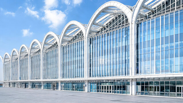 A modern large-scale public building featuring repeating curved white arches and a transparent glass facade, set on an open plaza under a bright blue sky.