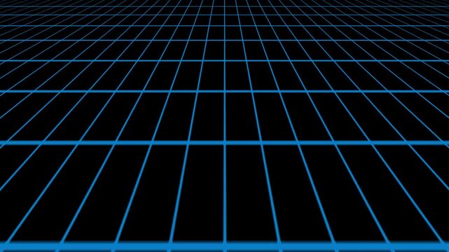 Blue grid lines extend into deep vanishing point perspective. Futuristic cyber landscape terrain moves along the blue grid lines. Retro synthwave perspective guides these glowing blue grid lines.