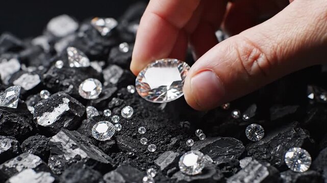 Hand picking up a large brilliant diamond from a pile of dark coal stones